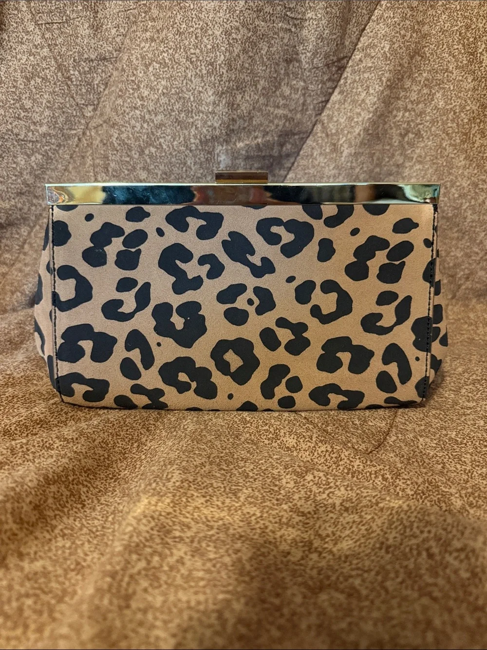 J. Crew Leopard Print Clutch in Tan and Black with Gold Trim